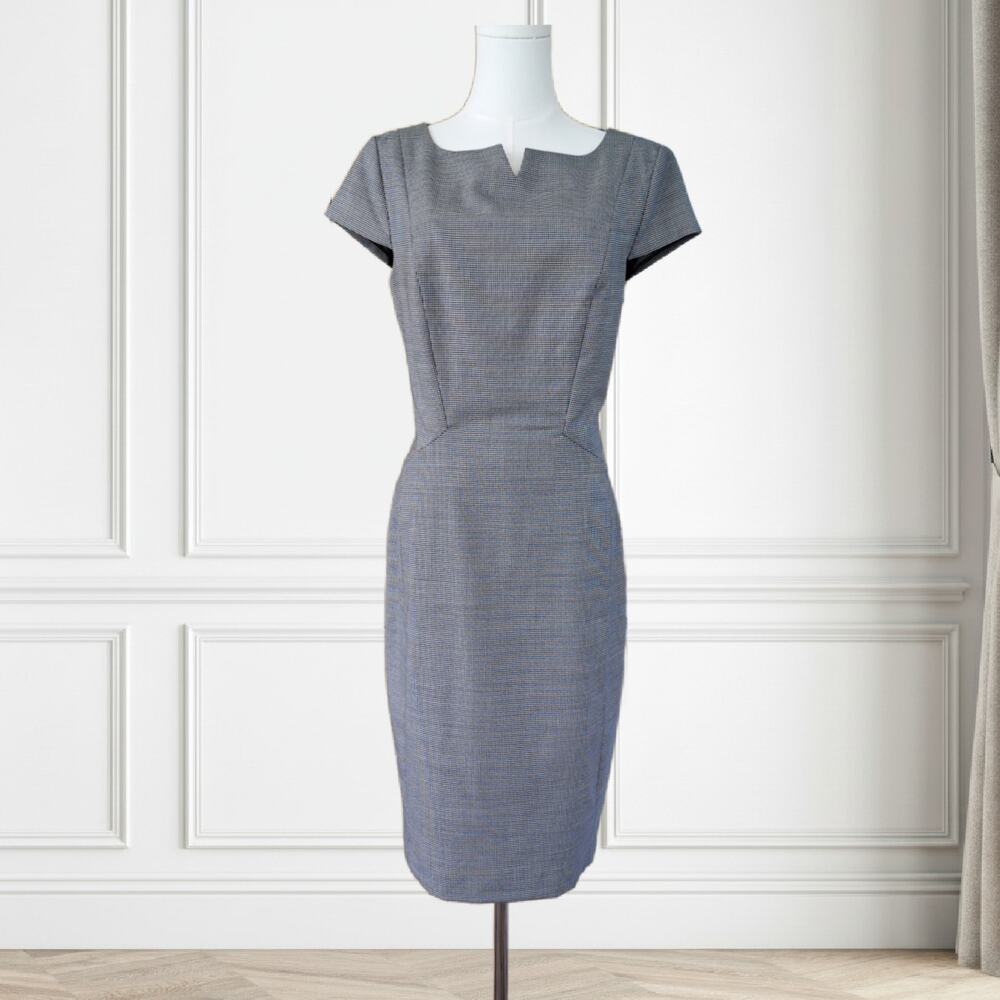 BROOKS BROTHERS Houndstooth Stretch Wool Sheath Dress Size 10 Navy Office